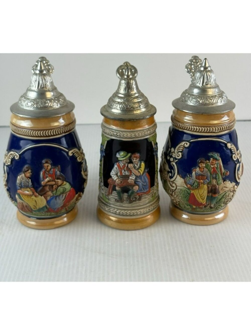 3 Vintage German Beer Steins, Gerz + 2 Unmarked, Pewter Lids, Mini Steins